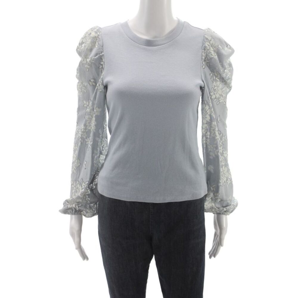 Dolan Women Floral Rayon Jersey Blouse Blue Crew Neck Long Sleeve Size XS